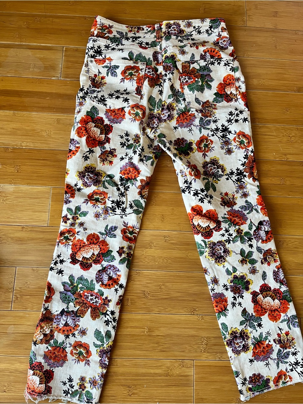 Anthropologie White Floral Straight-Leg Jeans with Multicolor Blooms